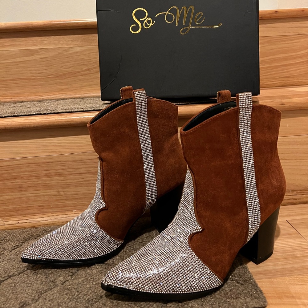 Faux Suede and Rhinestone Cowboy Booties